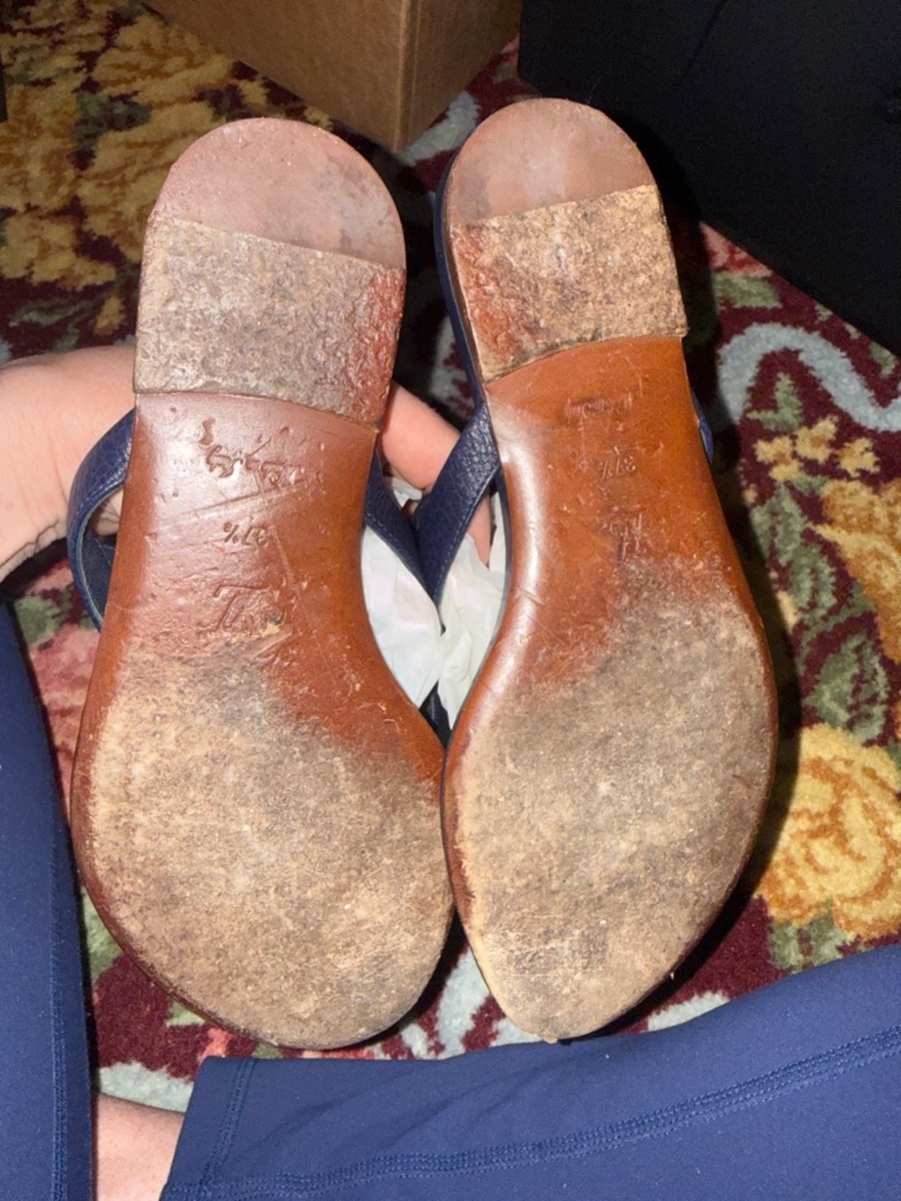 Louis Vuitton Navy Leather Thong Sandals with Gold-Tone Pyramid Accents - Picture 3 of 4
